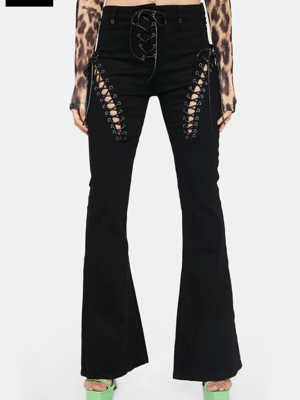 DOLL’S KILL EDIKTED Engine Black Flared Jeans Lace Up Front Sides M Grunge Goth